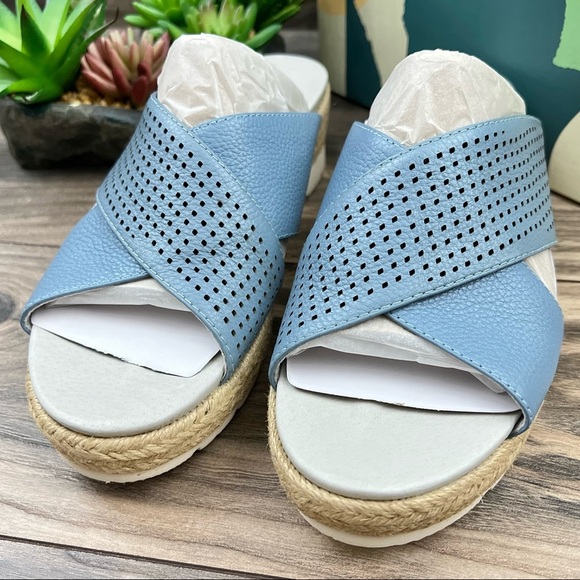 Earth Modena Marigold Espadrille Platform Wedge Slide Sandal 8.5M Blue Leather - Picture 3 of 11